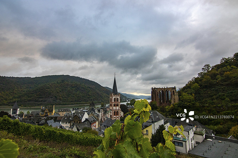 小村庄里的半木结构房屋。德国黑森州巴卡拉赫的葡萄种植区的早晨，莱茵河畔，欧洲。图片素材