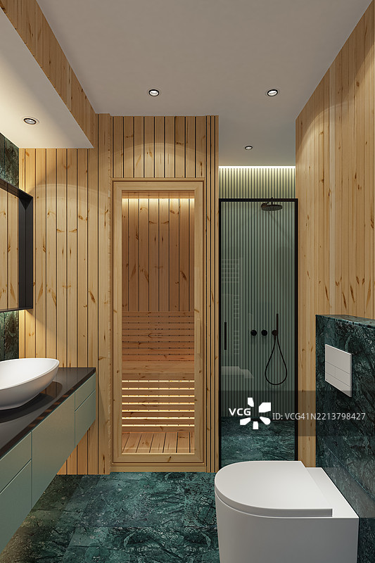 现代水疗浴室，配有松木镶板和绿色大理石瓷砖图片素材