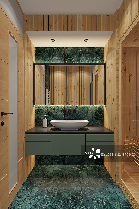 现代水疗浴室，配有松木镶板和绿色大理石瓷砖图片素材