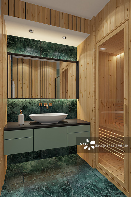 现代水疗浴室，配有松木镶板和绿色大理石瓷砖图片素材
