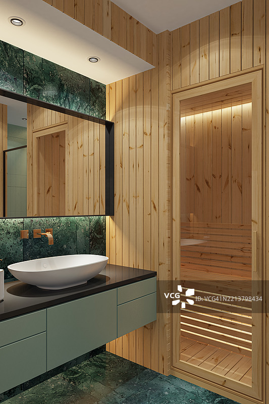 现代水疗浴室，配有松木镶板和绿色大理石瓷砖图片素材