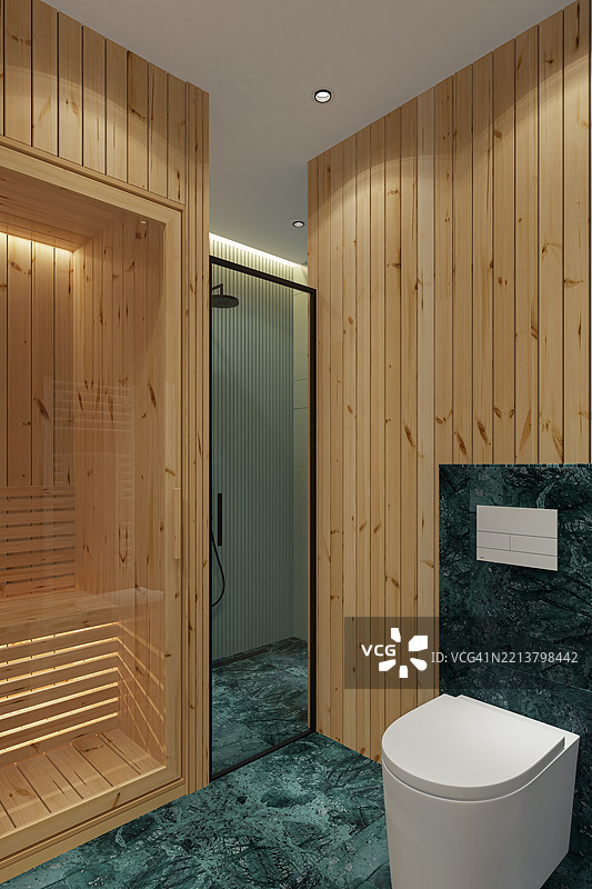 现代水疗浴室，配有松木镶板和绿色大理石瓷砖图片素材