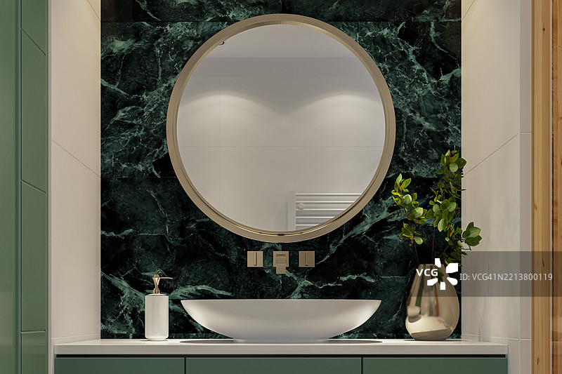 现代浴室，配有绿色大理石、白色瓷砖和松木桑拿。图片素材