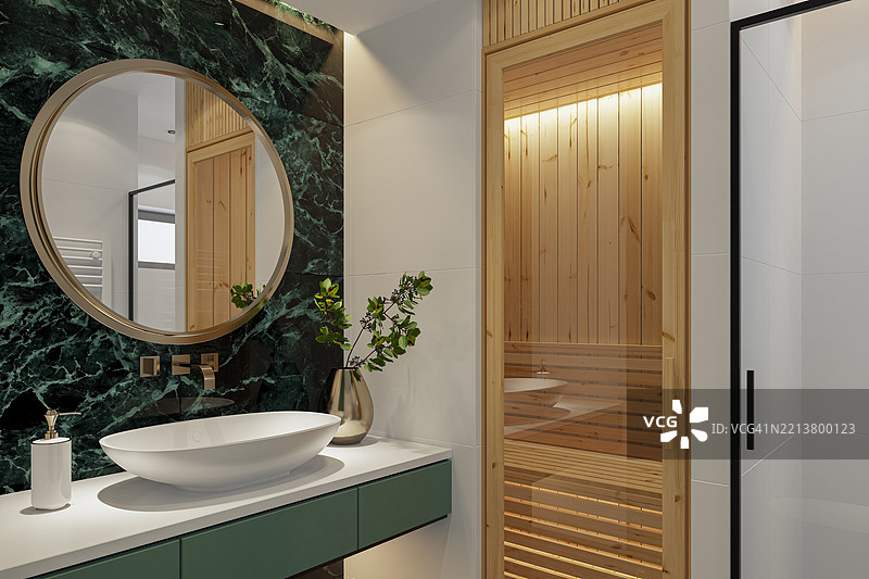 现代浴室，配有绿色大理石、白色瓷砖和松木桑拿房图片素材