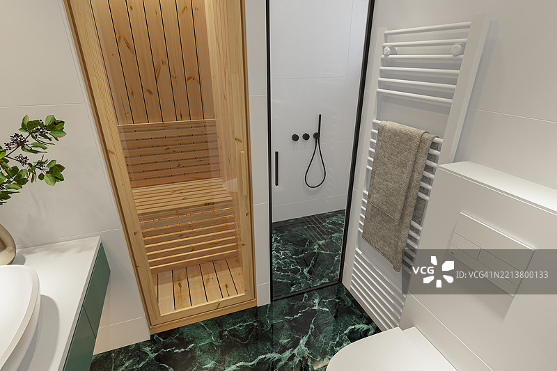 现代浴室，配有绿色大理石、白色瓷砖和松木桑拿房图片素材