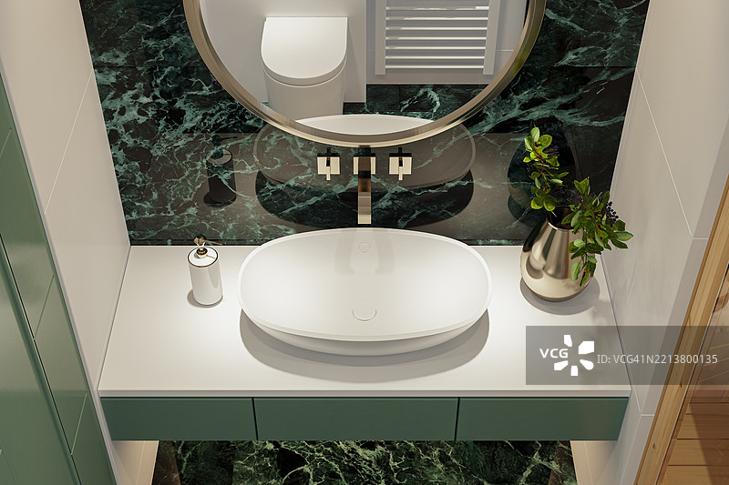 现代浴室，配有绿色大理石、白色瓷砖和松木桑拿房图片素材