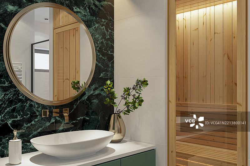 现代浴室，配有绿色大理石、白色瓷砖和松木桑拿。图片素材