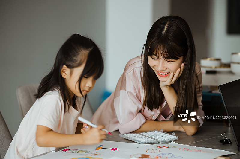 快乐的母亲和女儿在一起绘画，进行涂色活动，增进感情或做作业。妈妈和小女孩，孩子或幼儿在家中微笑，共同享受想象力、创造力或童年时光。图片素材