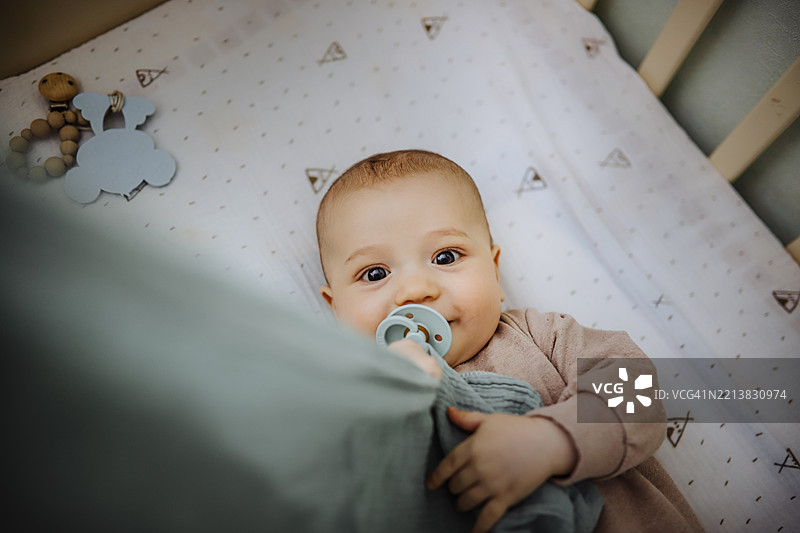 婴儿床里：含着安抚奶嘴的宝宝看着镜头，搞笑的柔软宝宝肖像。图片素材