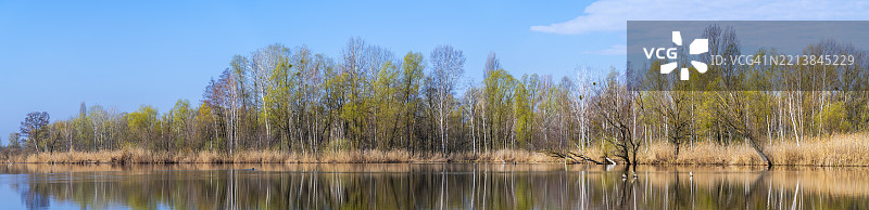 春天的宁静在平静的河流旁展开，大自然以生动的色彩苏醒，倒影在水面上舞动。图片素材