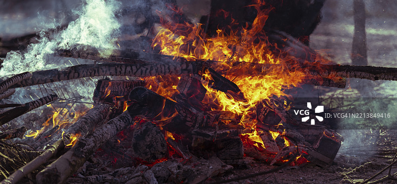 篝火在夜空下噼啪作响，火焰在森林中的木头间跳舞。图片素材