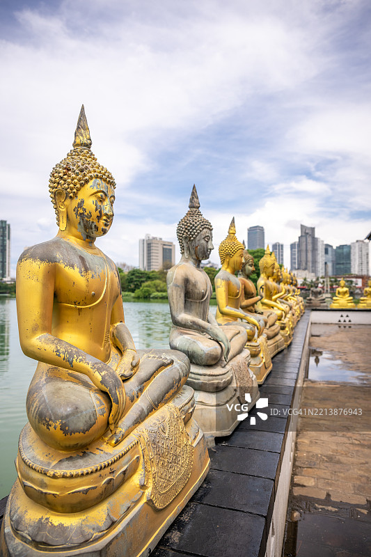 斯里兰卡科伦坡西马马拉卡寺的佛像排成一排图片素材