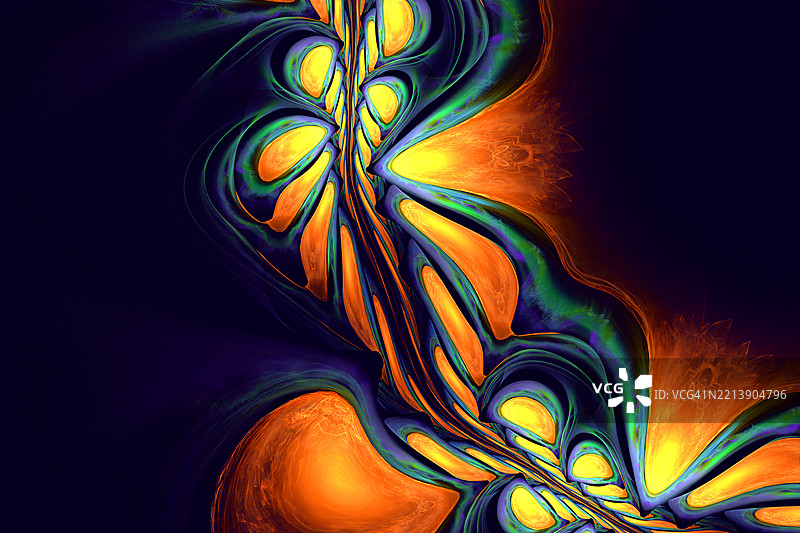 充满火焰的抽象分形，流动的有机图案。动态的分形艺术作品，展现了火红和黄色的形态与流畅的绿色和蓝色形状交织在黑色背景上。图片素材