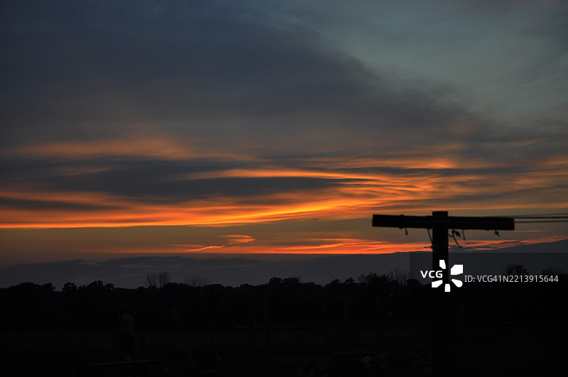 密歇根州的田野上树木的剪影映衬着橙色的天空， 美国图片素材