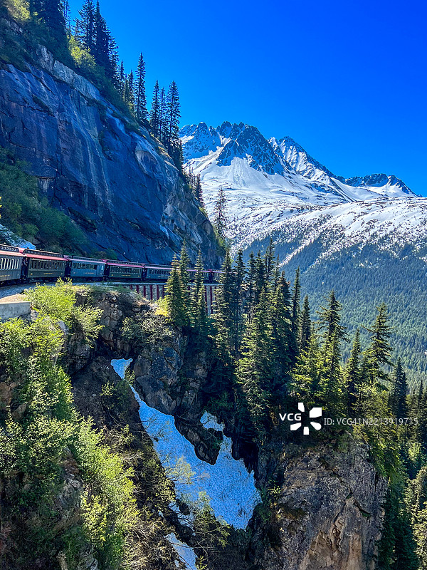 穿越雪山和阿尔卑斯森林的风景火车之旅，斯卡圭，阿拉斯加，美国图片素材