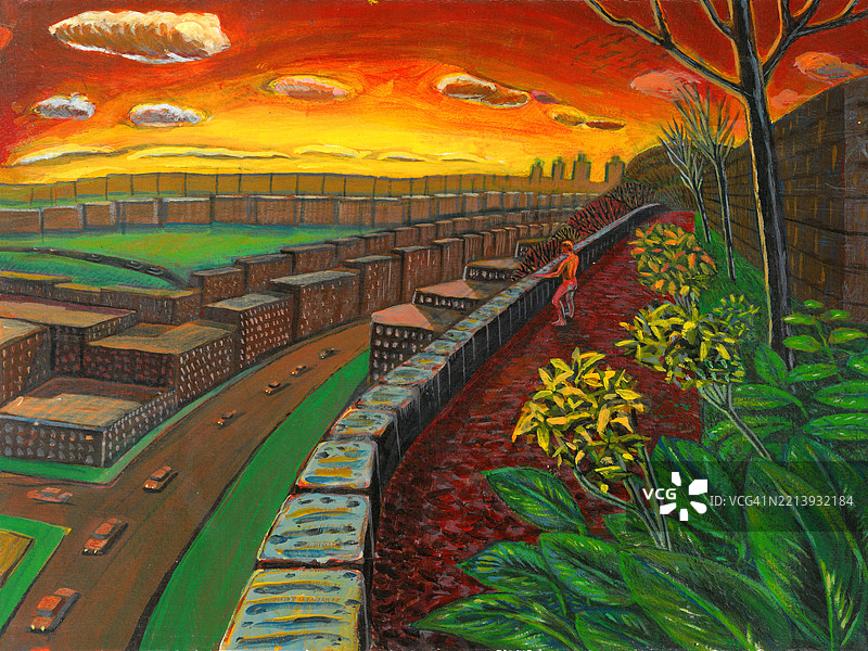 色彩斑斓的画作，描绘了一名男子在日落时分欣赏华盛顿高地的景色图片素材