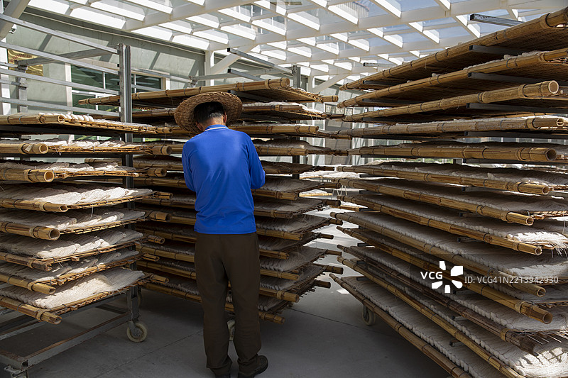 一名工人在工厂温室中晾干面条图片素材