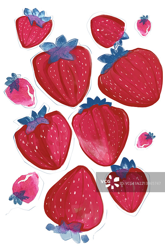 不同大小的新鲜红草莓在白色背景上。图片素材