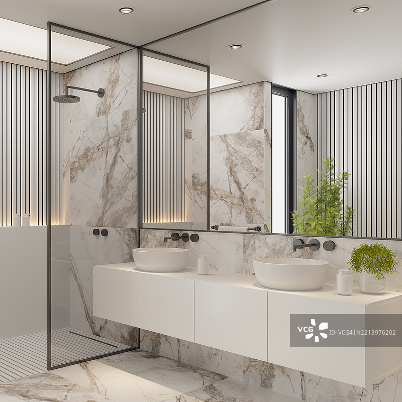 现代白色浴室，配有大理石瓷砖和室内植物图片素材