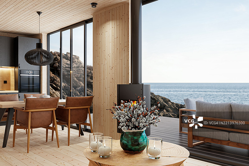 斯堪的纳维亚风格的木屋室内，开放空间与海景相结合图片素材