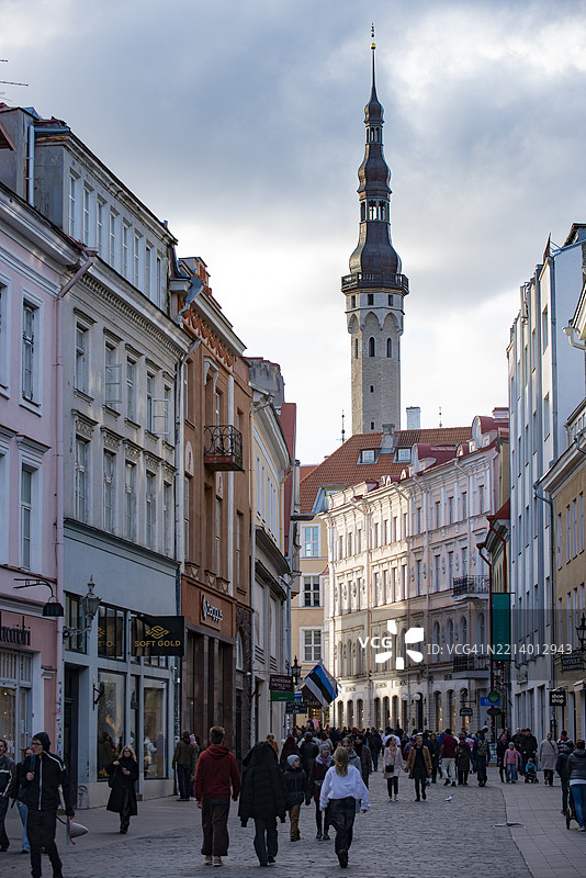 塔林，爱沙尼亚，背景是市政厅塔的繁忙维鲁街图片素材