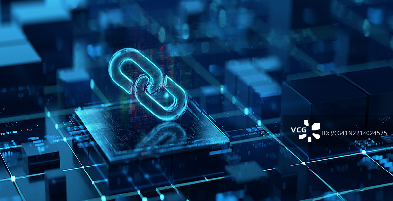 链条概念。未来背景上的链条符号。生产力演变。在科技进步和创新的世界中，未来主义链条图标。图片素材