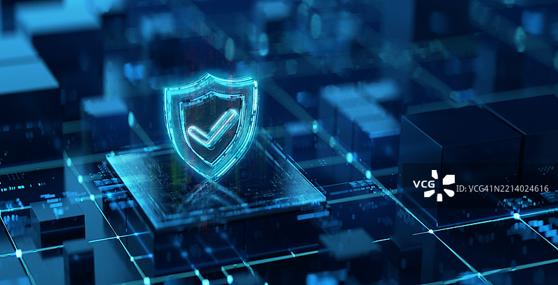 黑暗未来背景上的数字盾牌图标。网络安全与网络安全概念。基于人工智能的数字安全技术。图片素材