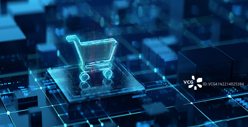 数字显示屏上的购物车图标。在线购物演变的未来背景图片素材