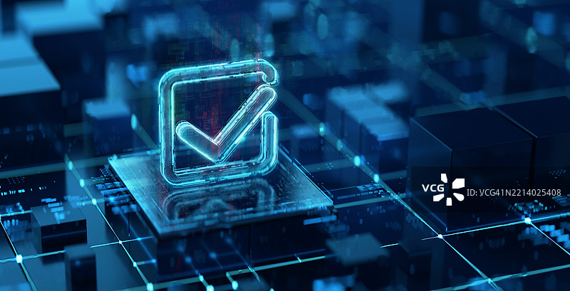 数字勾选标记图标与科技背景。生产力和评级的演变。未来主义勾选标记在科技进步和创新的世界中。图片素材