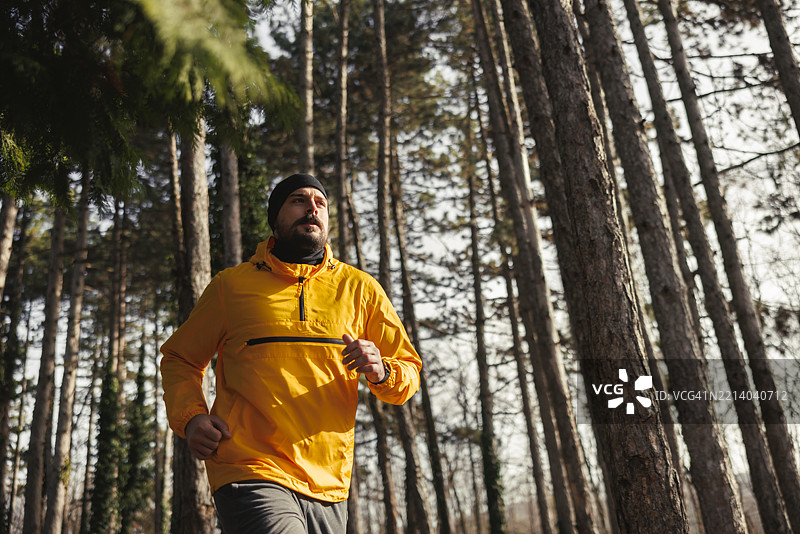 活力四射的男子在森林中奔跑图片素材