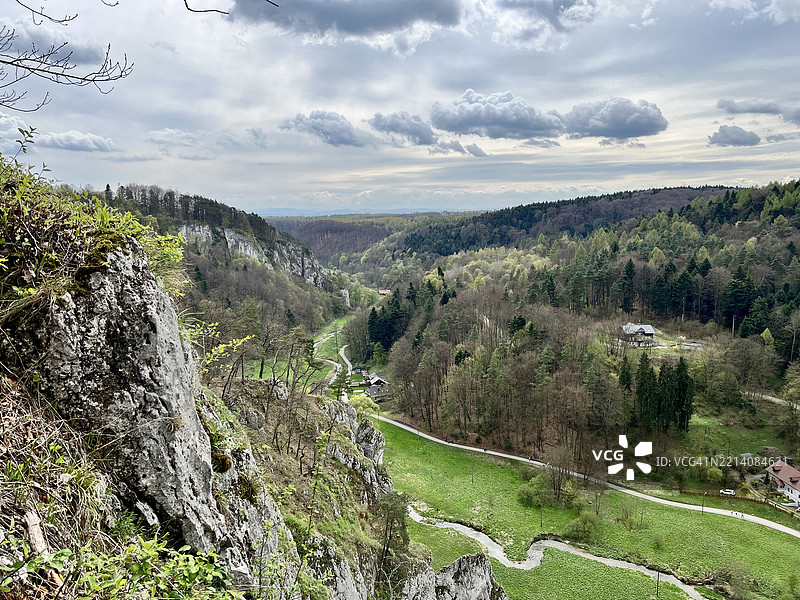 波兰克拉科夫奥伊乔夫国家公园的岩石和树木的俯视图图片素材