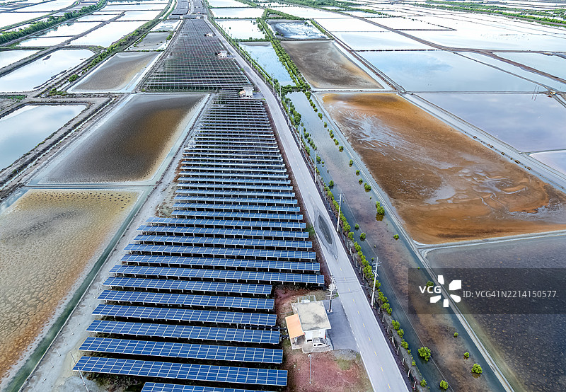 鸟瞰图，电力厂，太阳能光伏板，在盐田上生产清洁电能。减少全球变暖、清洁能源、可再生能源的概念。图片素材