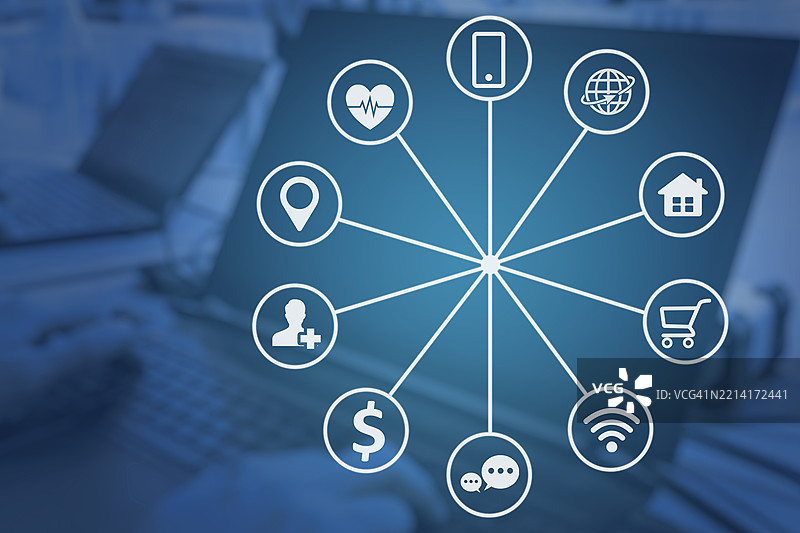 使用笔记本电脑或计算机。互联网基础设施概念。抽象科技背景。数字化图片素材