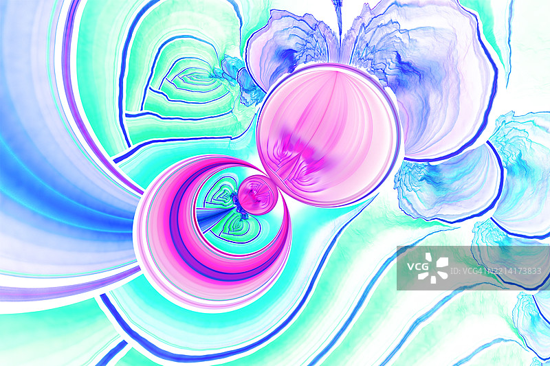 超现实的粉彩抽象画，带有漩涡和球体。充满幻想的抽象艺术作品，采用柔和的粉彩色调，展现流动的线条和粉色、青色及紫色的球形。图片素材