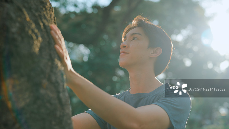 亚洲男子在公共公园触摸树干图片素材