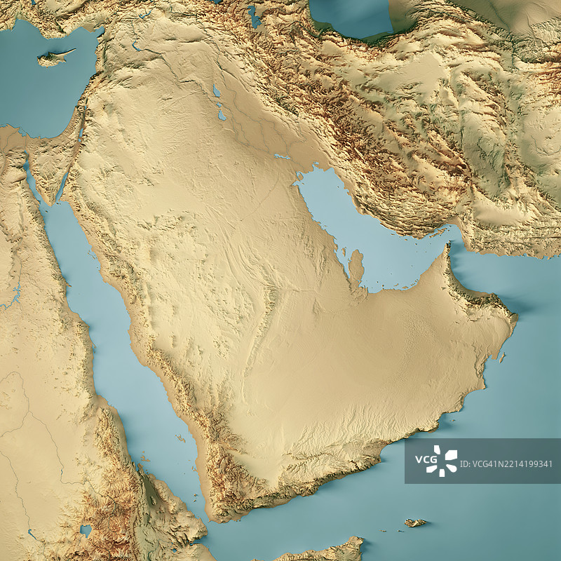 六个阿拉伯海湾国家的三维彩色地形图图片素材