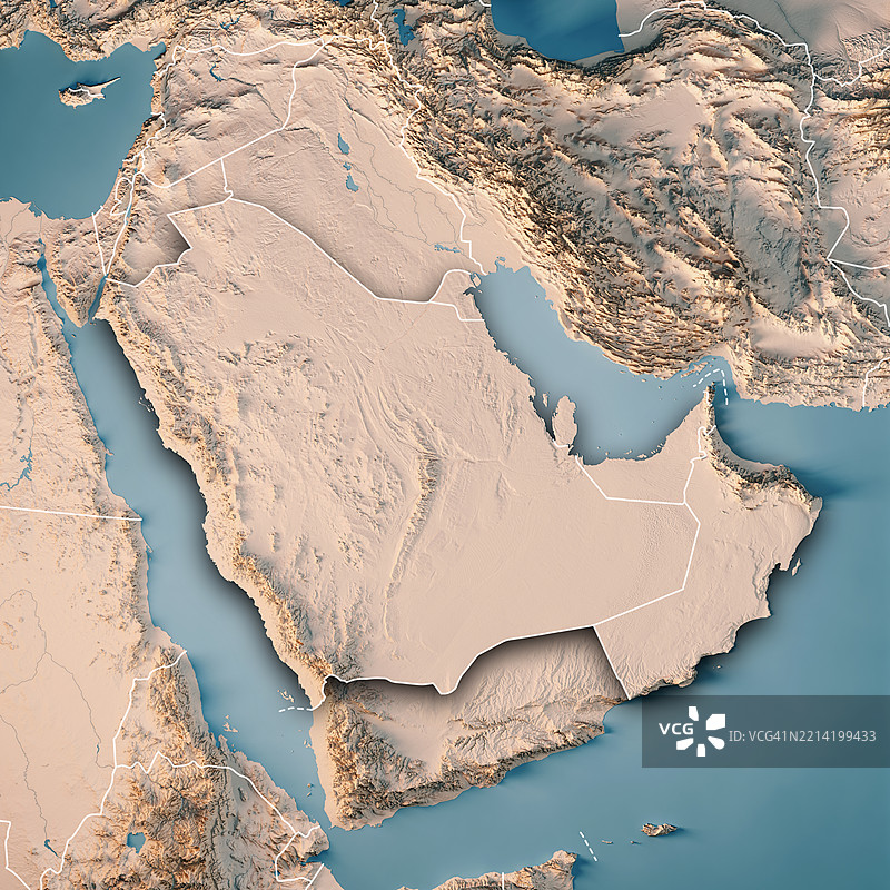 六个阿拉伯海湾国家的地形图 3D 渲染 中性边界图片素材