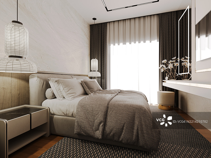 现代舒适卧室室内设计。3D渲染。框架样板。图片素材