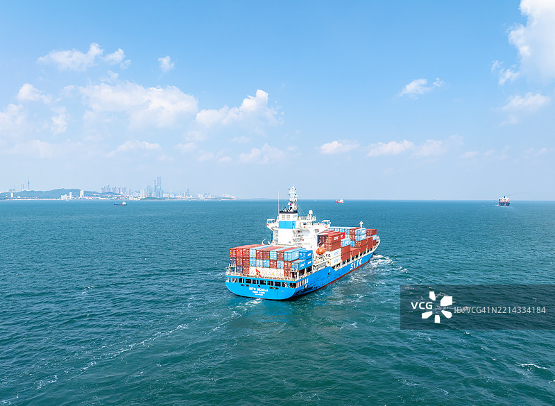 无人机视角下的SITC集装箱船在青岛城市天际线前航行图片素材