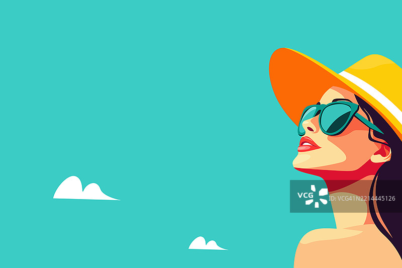 微笑的女性在热带夏季海滩度假放松，插图描绘了一位无忧无虑的女性在阳光明媚的热带海滩上悠闲地躺在柔软的沙滩上，戴着太阳帽，享受温暖的阳光，碧蓝的海水和轻柔的海风。图片素材