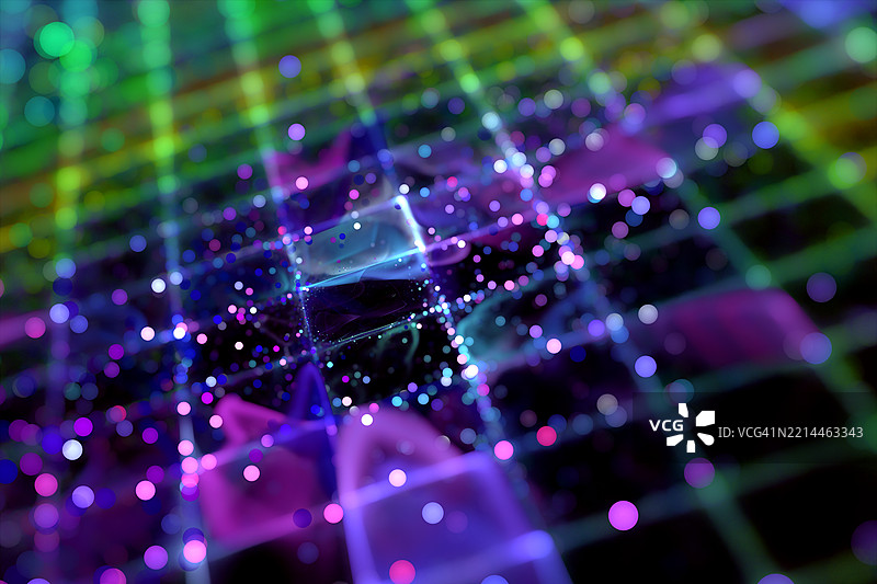 抽象数字网格，带有发光粒子和光效。未来感的网格图案被生动的光线和数字粒子照亮，象征着数据流、技术和虚拟环境。图片素材