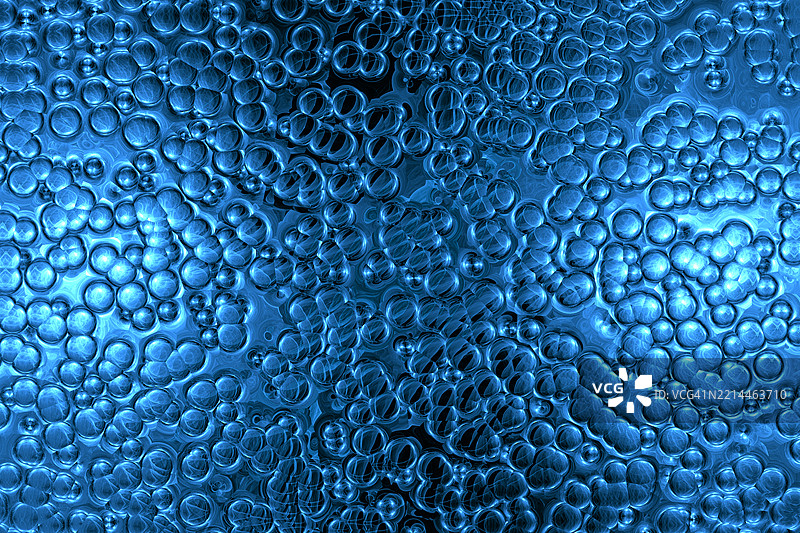 蓝色显微细胞在有机簇状模式中。特写的抽象图像，发光的蓝色细胞状结构形成密集的生物或科学图案，类似于显微镜下的视图。图片素材