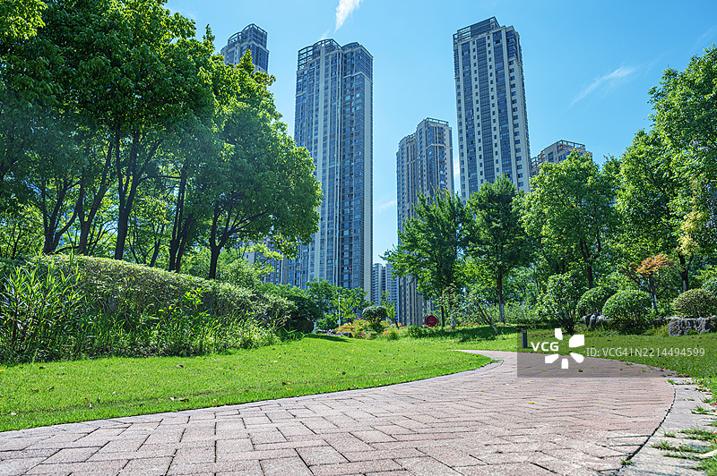 绿意盎然的城市公园中的弯曲小径图片素材