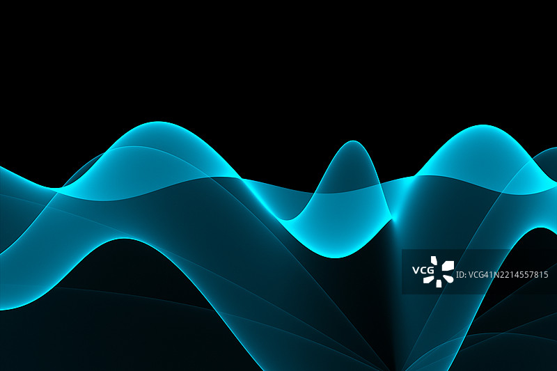 黑色背景上的抽象蓝色波形。发光的蓝色波形在黑暗的背景上形成动态流动的图案，非常适合科技、声音或能源主题。图片素材
