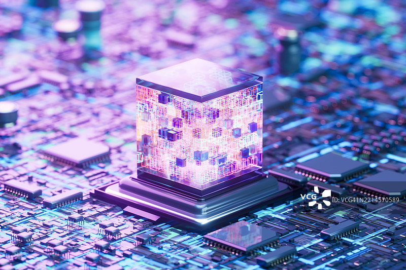 带有发光数据立方体的主板上的人工智能中央处理器，人工智能技术概念图片素材