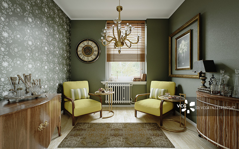 优雅的客厅，配有复古家具和装饰细节图片素材