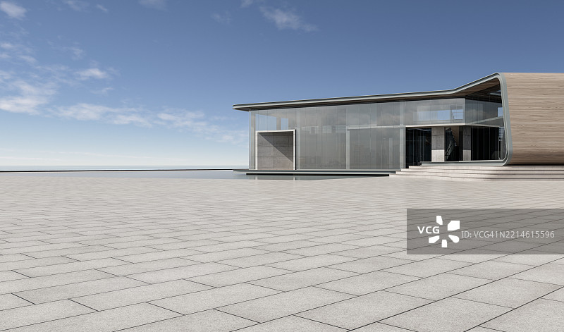 现代商业区的中央广场与海洋地平线图片素材