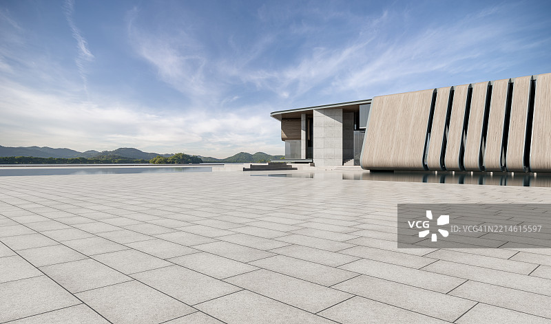 现代商业区湖边的中央广场图片素材