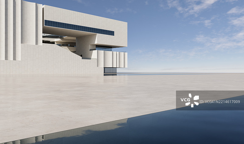 现代建筑前的空旷广场与海洋地平线图片素材