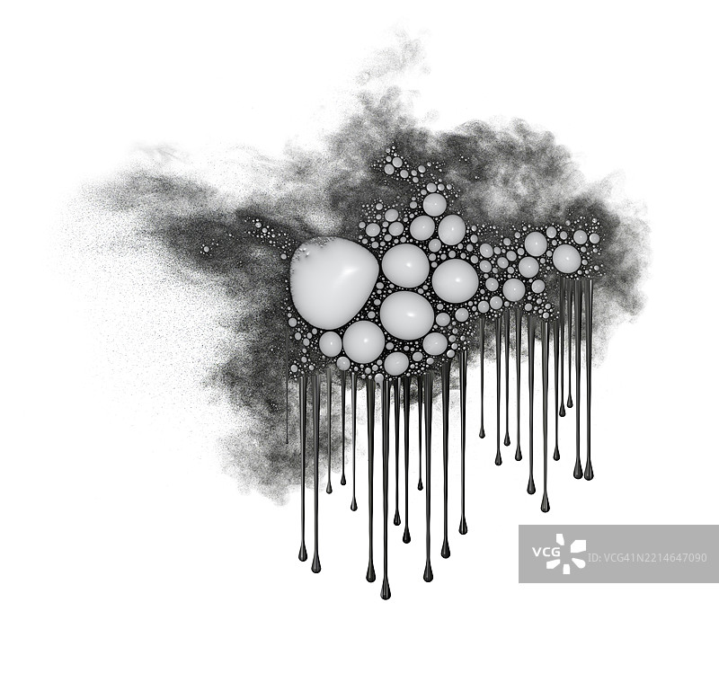 移动的黑色烟雾云，伴随着气泡和白色液体滴落到白色表面。图片素材